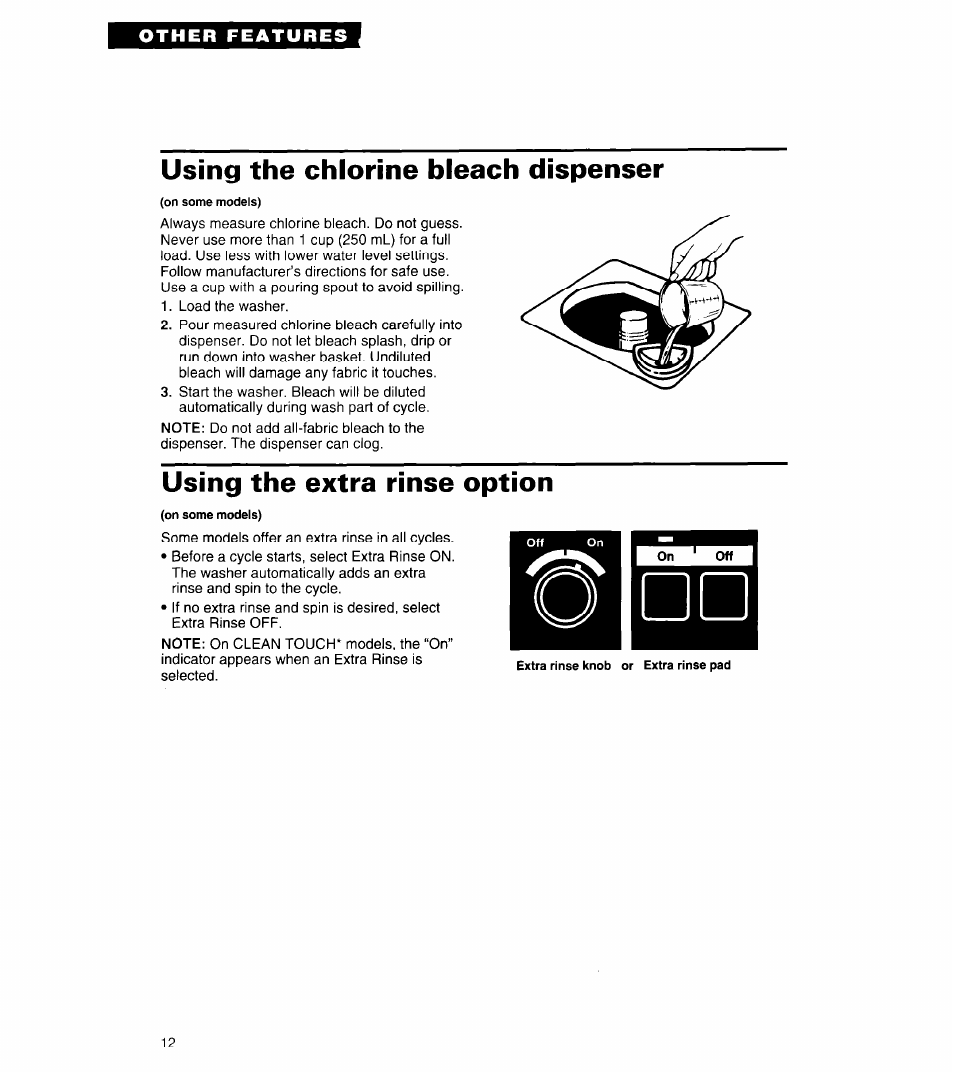 Using the chlorine bleach dispenser, Using the extra rinse option | Whirlpool 3360461 User Manual | Page 12 / 28