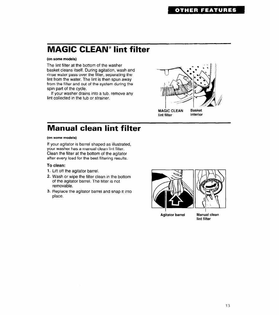 Magic clean^ lint filter, Manual clean lint filter, Other features | Whirlpool 3360461 User Manual | Page 13 / 28