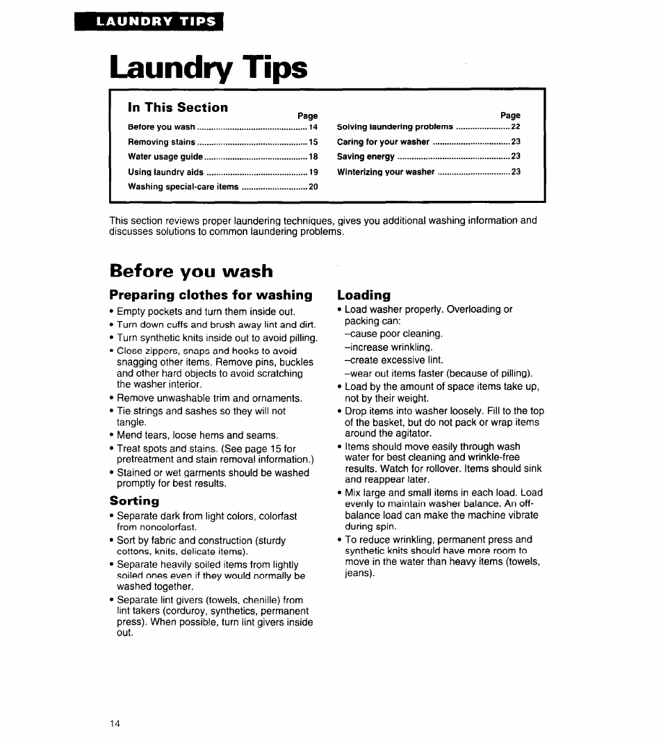 Laundry tips, Before you wash, Preparing clothes for washing | Sorting, Loading | Whirlpool 3360461 User Manual | Page 14 / 28