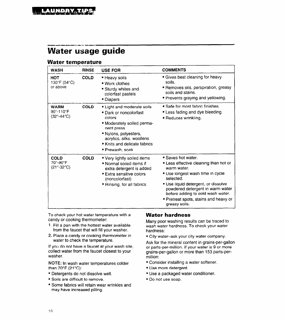 Water usage guide, Water temperature, Water hardness | Whirlpool 3360461 User Manual | Page 18 / 28