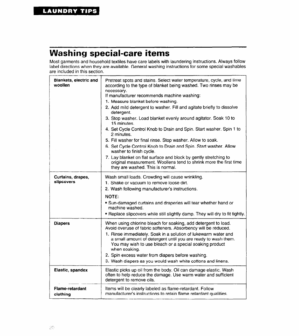 Washing special-care items, Laukdry tips | Whirlpool 3360461 User Manual | Page 20 / 28