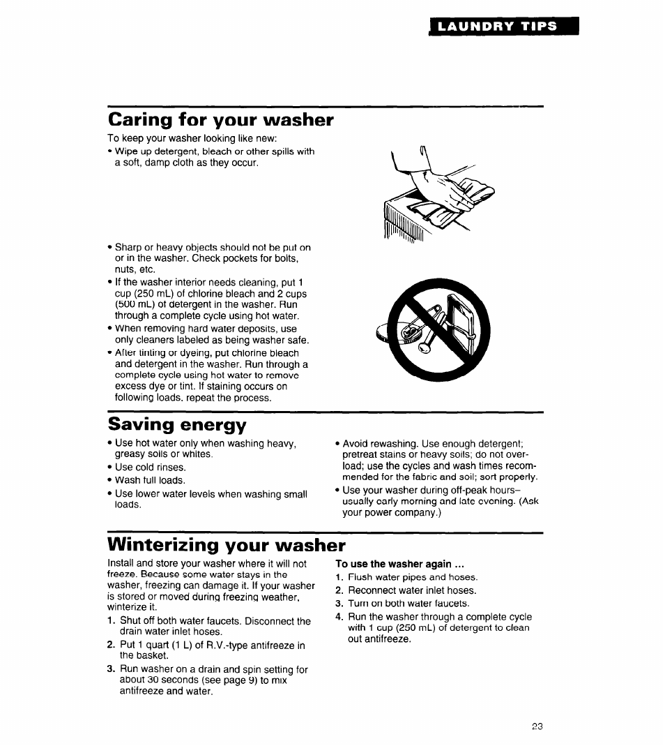 Caring for your washer, Saving energy, Winterizing your washer | Whirlpool 3360461 User Manual | Page 23 / 28