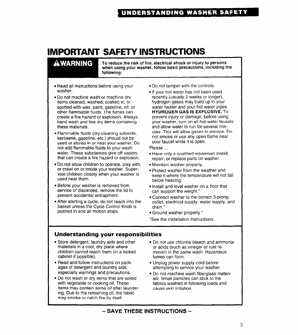 Understanding washer safety, Understanding your responsibilities, Important safety instructions | Awarning | Whirlpool 3360461 User Manual | Page 3 / 28