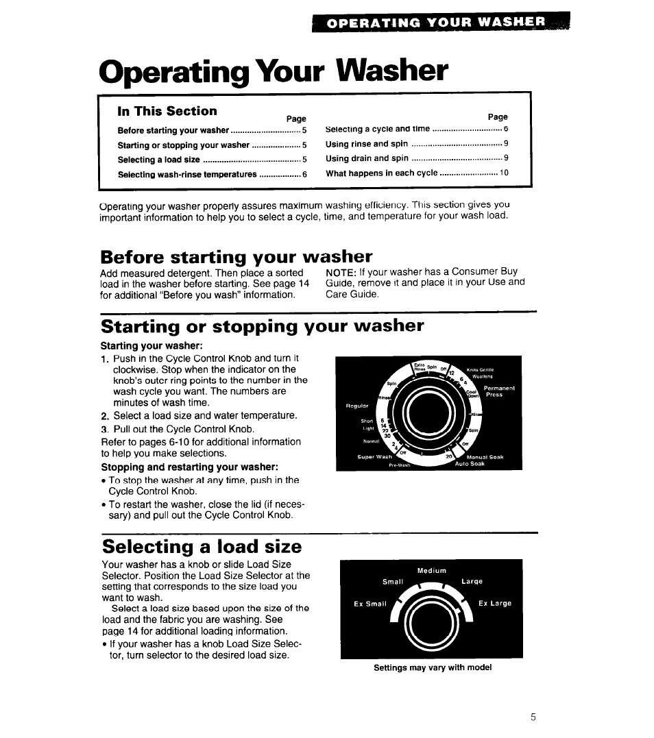 Operating your washer, Before starting your washer, Starting or stopping your washer | Selecting a load size | Whirlpool 3360461 User Manual | Page 5 / 28