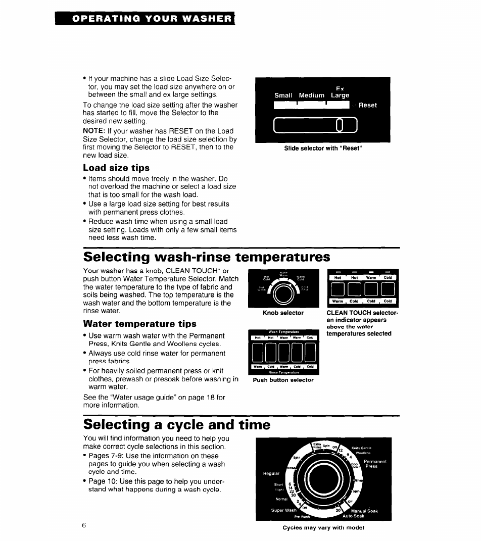 Load size tips, Selecting wash-rinse temperatures, Water temperature tips | Selecting a cycle and time, Operating your washer | Whirlpool 3360461 User Manual | Page 6 / 28