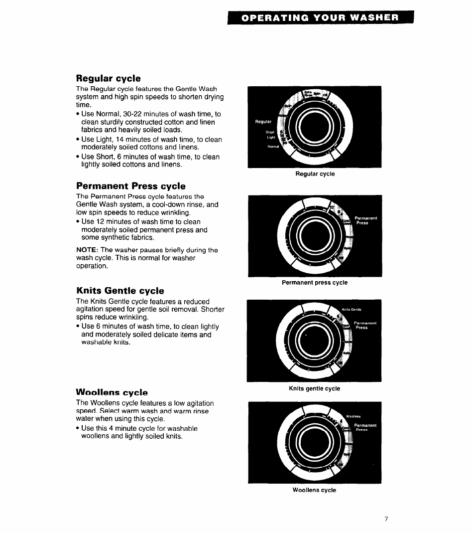 Regular cycle, Permanent press cycle, Knits gentle cycle | Woollens cycle, Operating your washer | Whirlpool 3360461 User Manual | Page 7 / 28