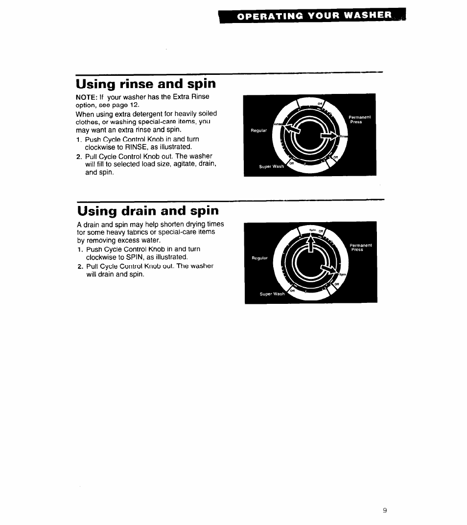 Using rinse and spin, Using drain and spin, Operating your washer | Whirlpool 3360461 User Manual | Page 9 / 28
