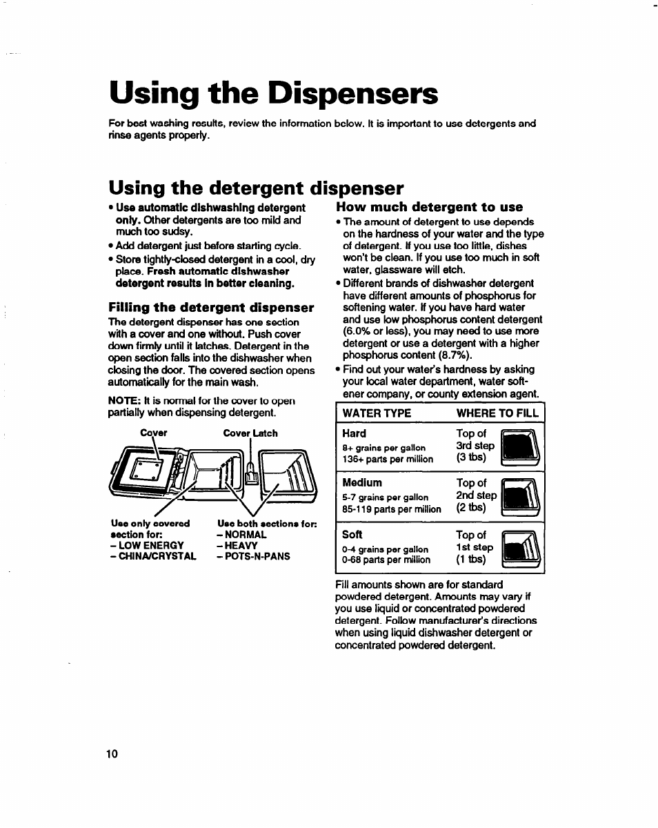 Using the dispensers, Using the detergent dispenser | Whirlpool 980 Series User Manual | Page 10 / 27