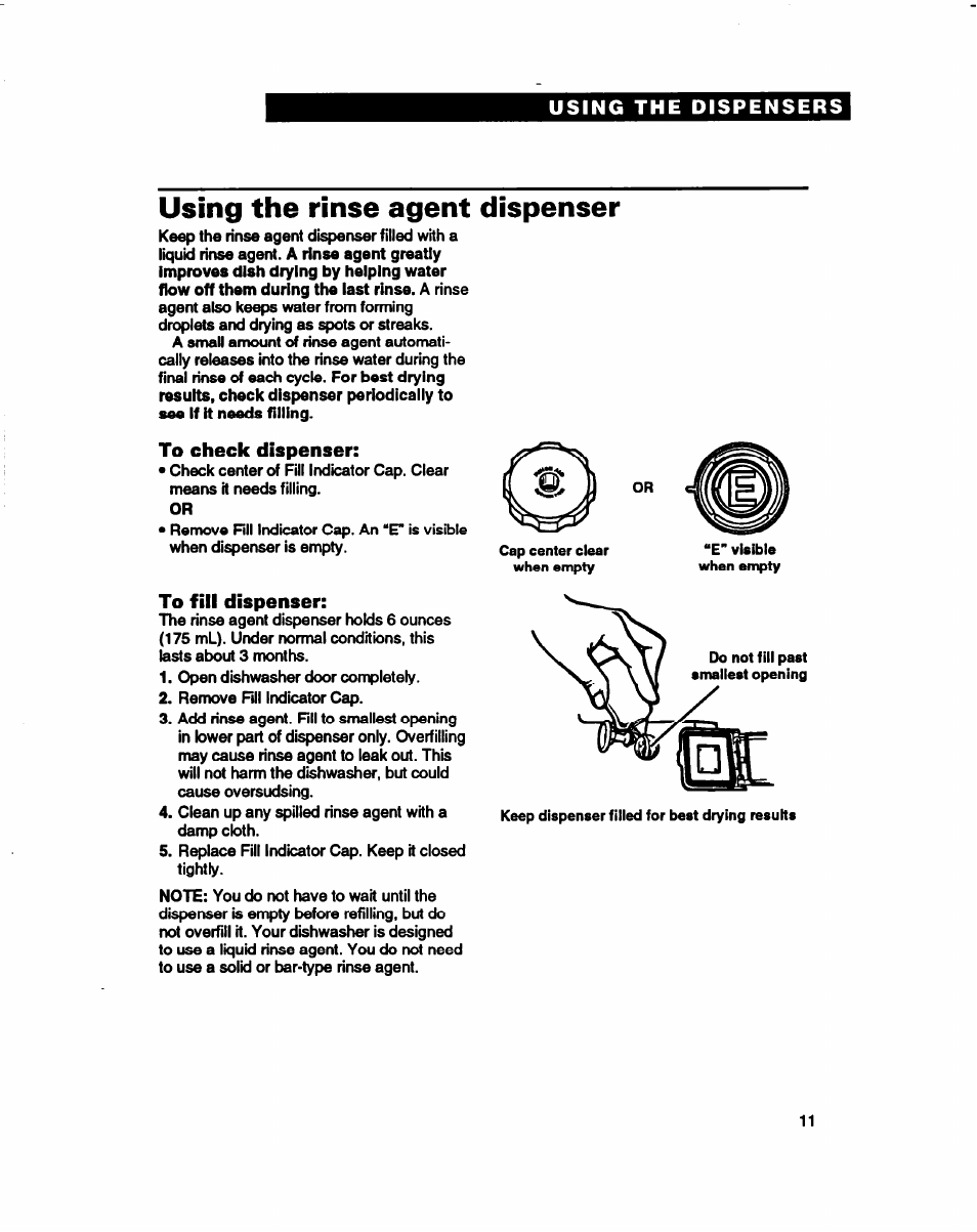 Using the rinse agent dispenser, To check dispenser, To fill dispenser | Whirlpool 980 Series User Manual | Page 11 / 27