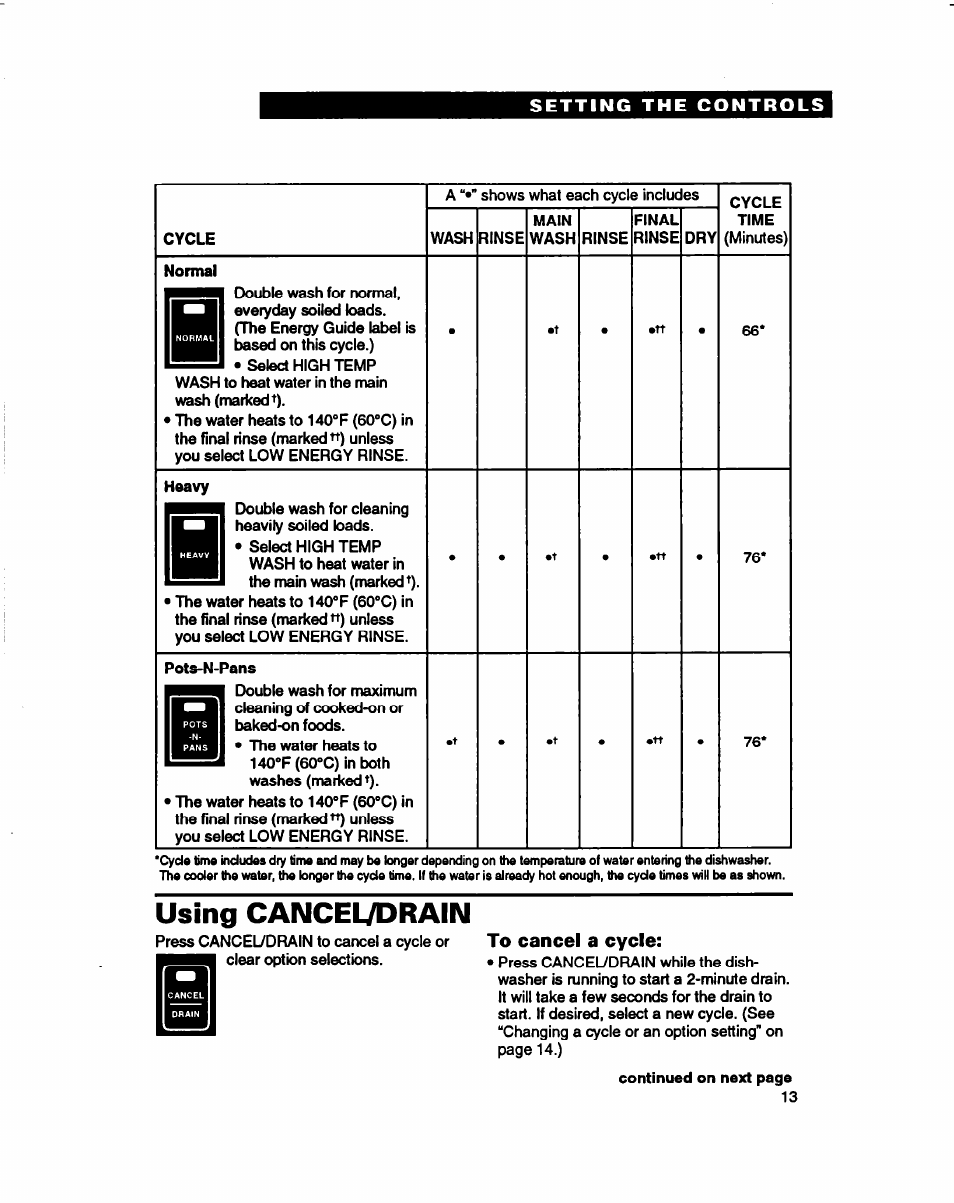 Using cancei7drain, To cancel a cycle, Using cancel/drain | Whirlpool 980 Series User Manual | Page 13 / 27