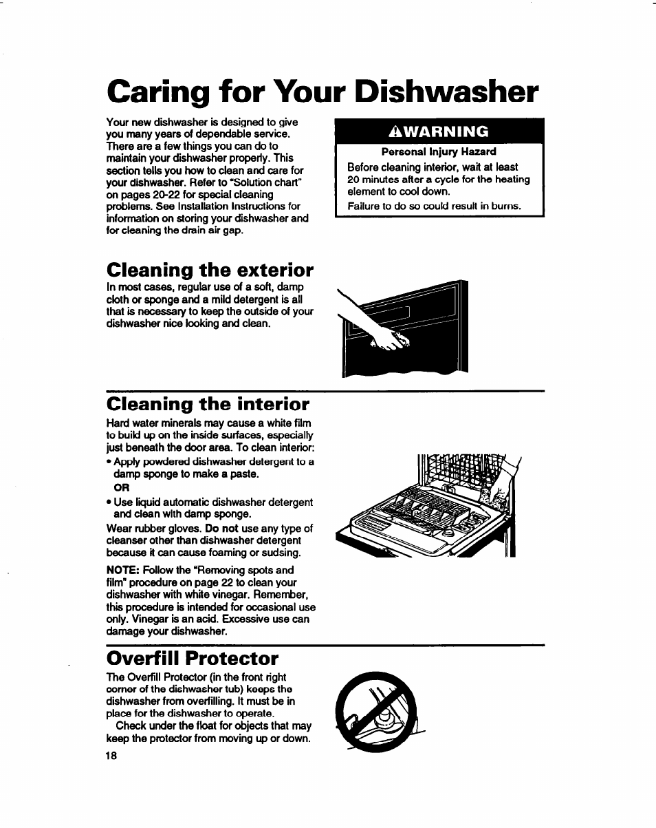 Caring for your dishwasher, Cleaning the exterior, Cleaning the interior | Overfill protector, Caring for your, Dishwasher | Whirlpool 980 Series User Manual | Page 18 / 27