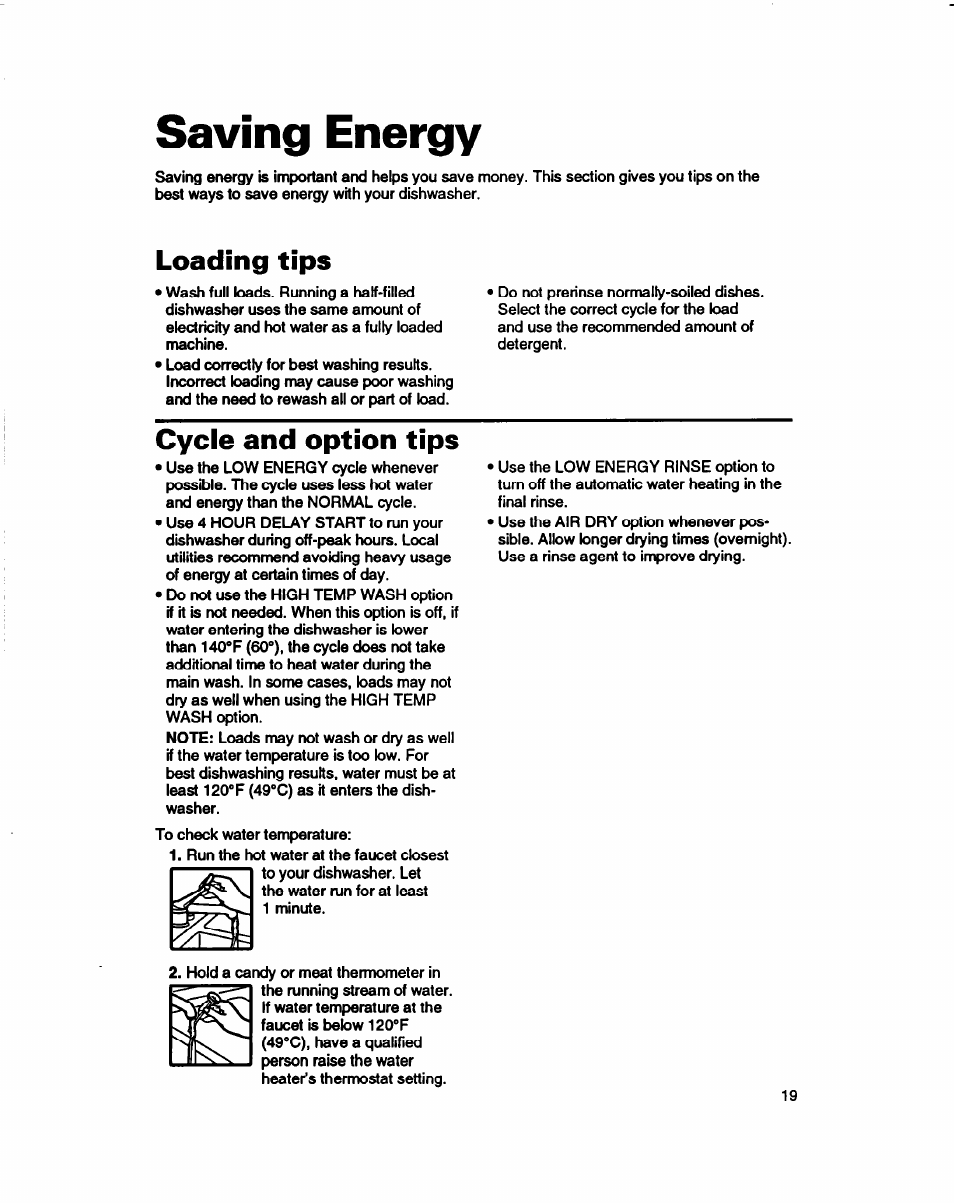 Saving energy, Loading tips, Cycle and option tips | Whirlpool 980 Series User Manual | Page 19 / 27