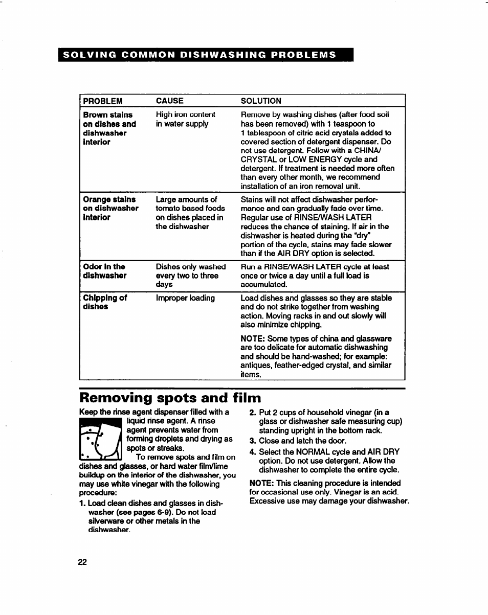 Removing spots and film | Whirlpool 980 Series User Manual | Page 22 / 27