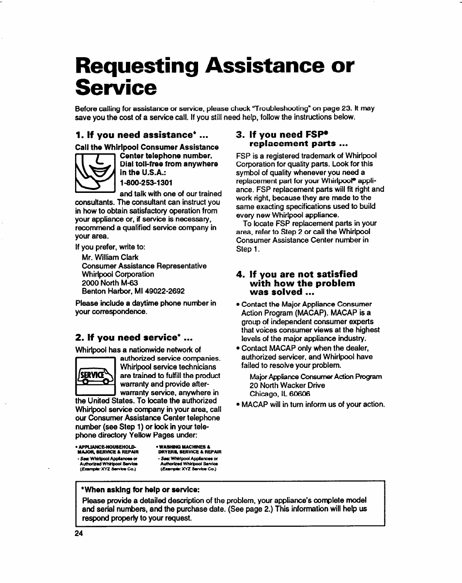 Requesting assistance or service, If you need assistance, If you need service | If you need fsp* replacement parts, Requesting assistance, Or service | Whirlpool 980 Series User Manual | Page 24 / 27