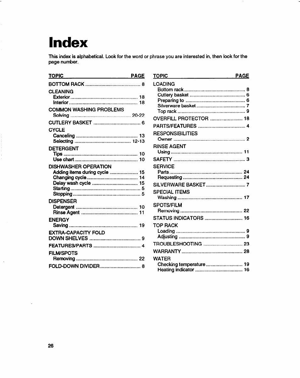 Index | Whirlpool 980 Series User Manual | Page 25 / 27
