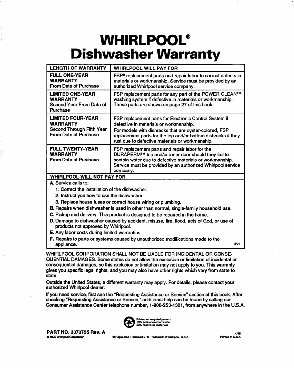 Whirlpool® dishwasher warranty | Whirlpool 980 Series User Manual | Page 27 / 27