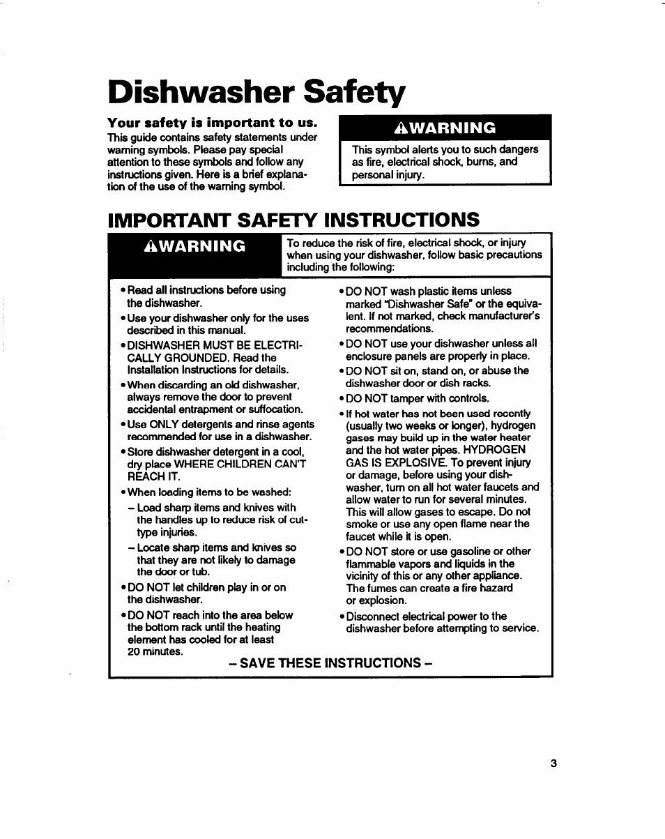 Dishwasher safety, Your safety is important to us, Important safety instructions | A warning, Awarning | Whirlpool 980 Series User Manual | Page 3 / 27