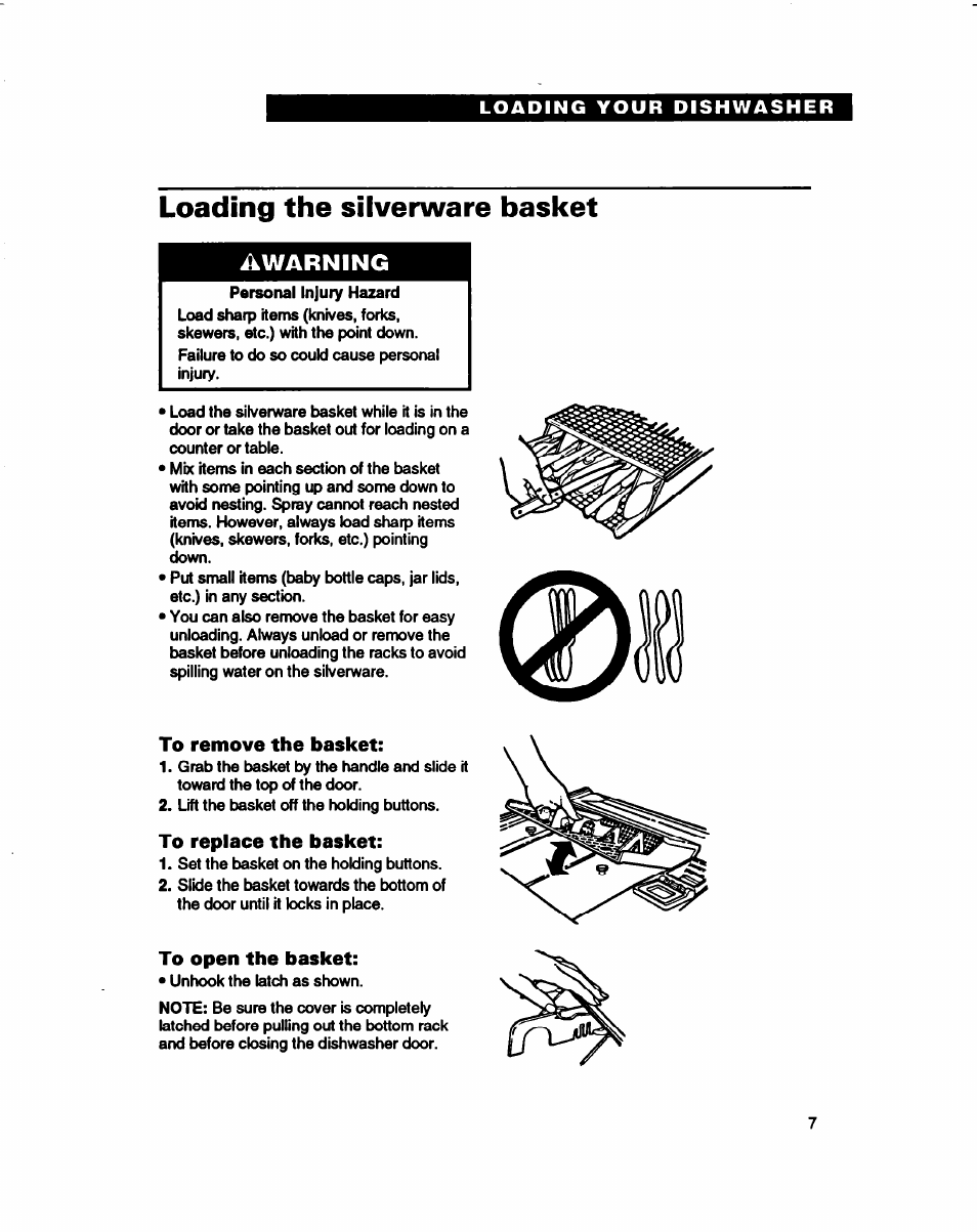Loading the silverware basket, Warning | Whirlpool 980 Series User Manual | Page 7 / 27