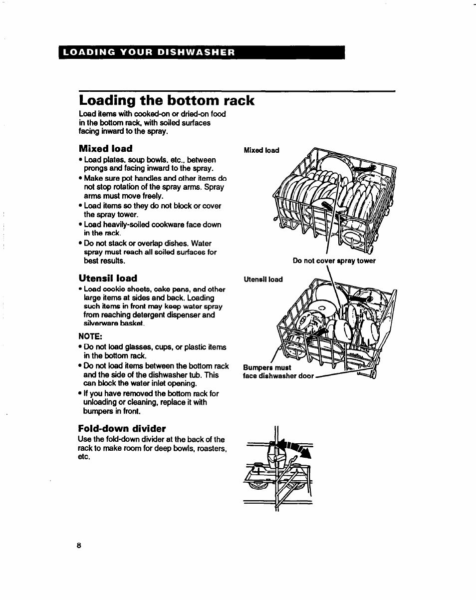 Loading the bottom rack, Mixed load, Utensil load | Fold-down divider | Whirlpool 980 Series User Manual | Page 8 / 27