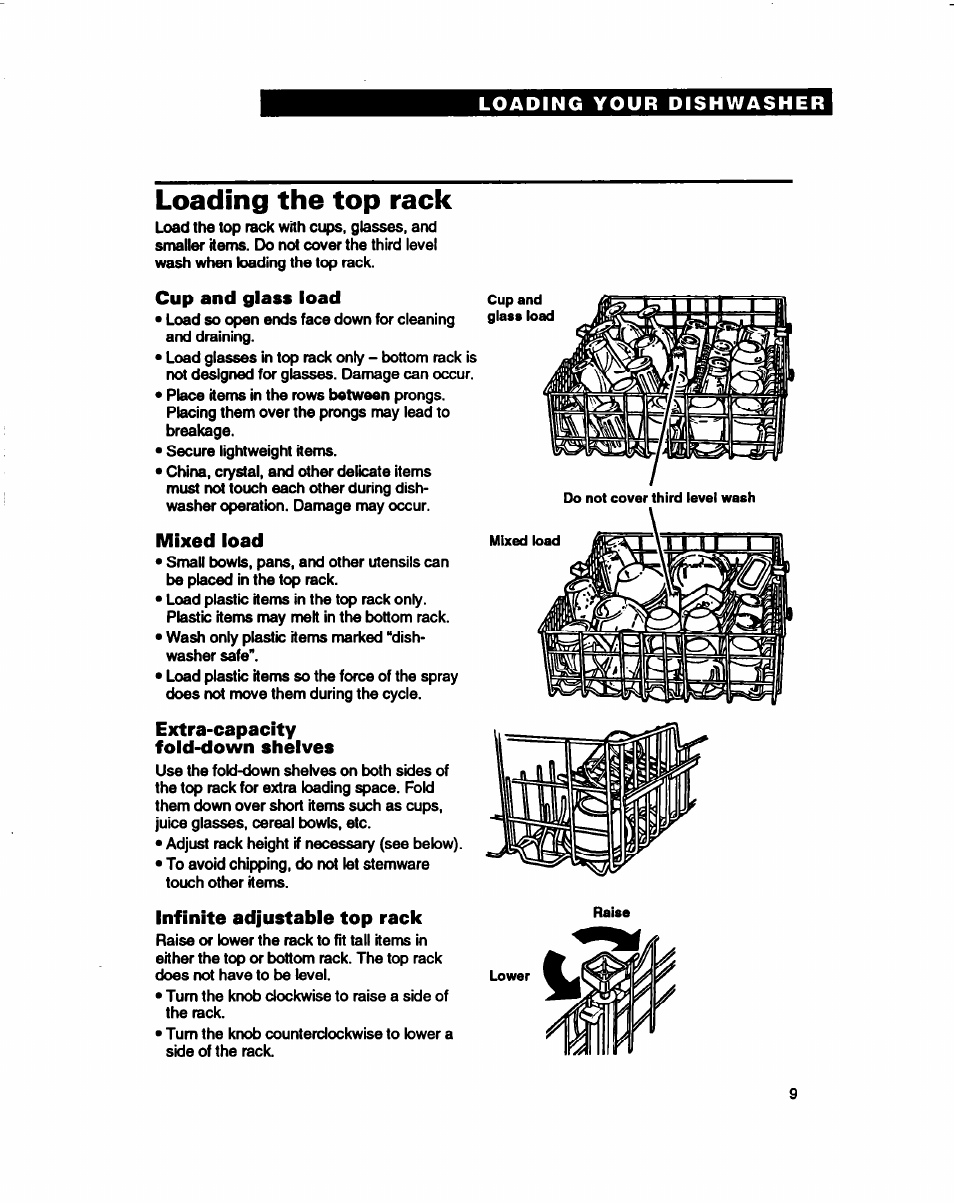 Loading the top rack, Cup and glass load, Mixed load | Extra-capacity fold-down shelves, Infinite adjustabie top racic | Whirlpool 980 Series User Manual | Page 9 / 27