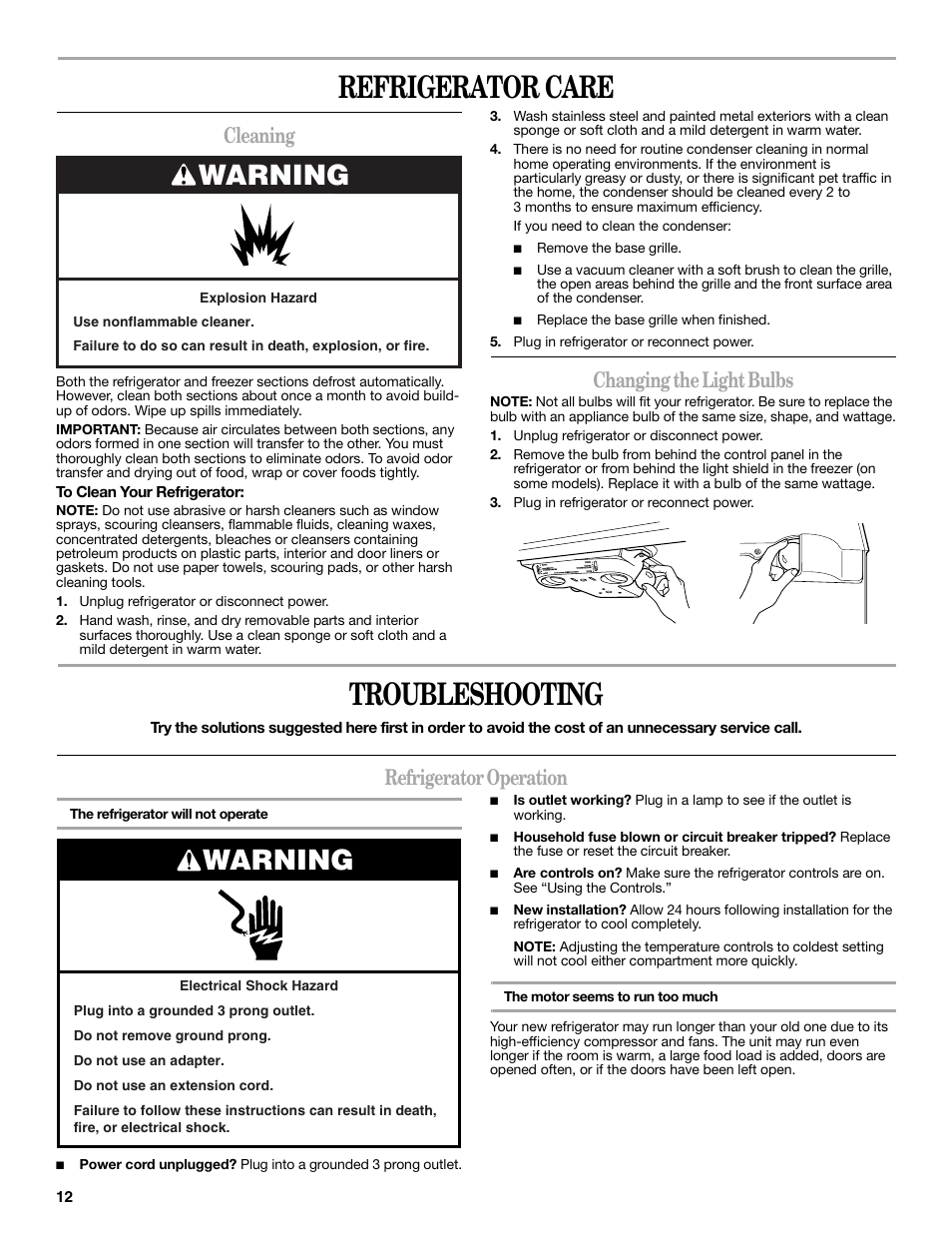 Refrigerator care, Troubleshooting, Warning | Cleaning, Changing the light bulbs, Refrigerator operation | Whirlpool 2314473B User Manual | Page 12 / 52