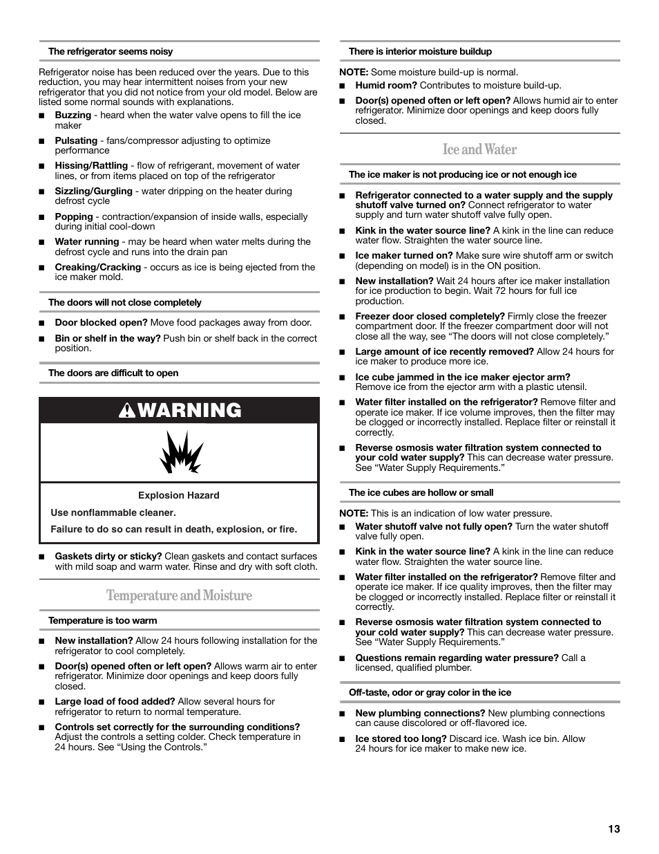 Warning, Temperature and moisture, Ice and water | Whirlpool 2314473B User Manual | Page 13 / 52