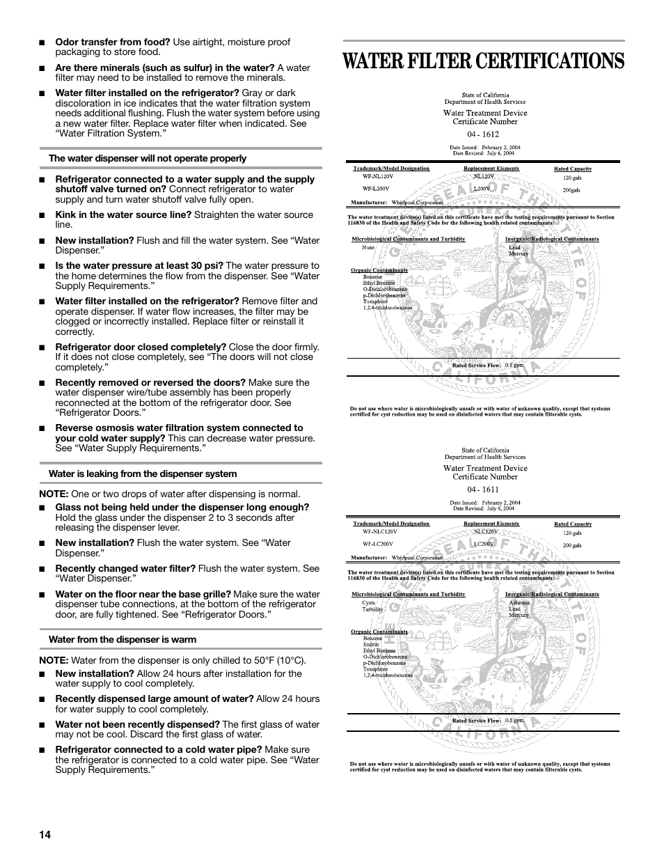 Water filter certifications | Whirlpool 2314473B User Manual | Page 14 / 52