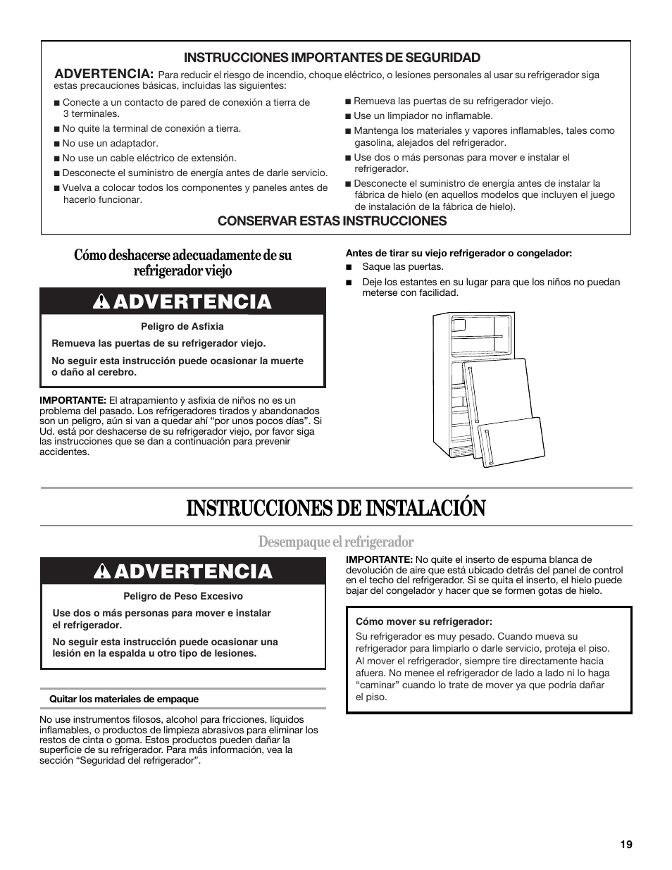 Instrucciones de instalación, Advertencia, Desempaque el refrigerador | Whirlpool 2314473B User Manual | Page 19 / 52