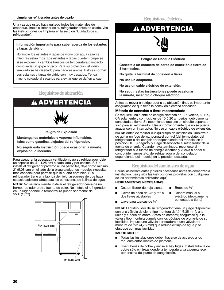Advertencia, Requisitos de ubicación, Requisitos eléctricos | Requisitos del suministro de agua | Whirlpool 2314473B User Manual | Page 20 / 52