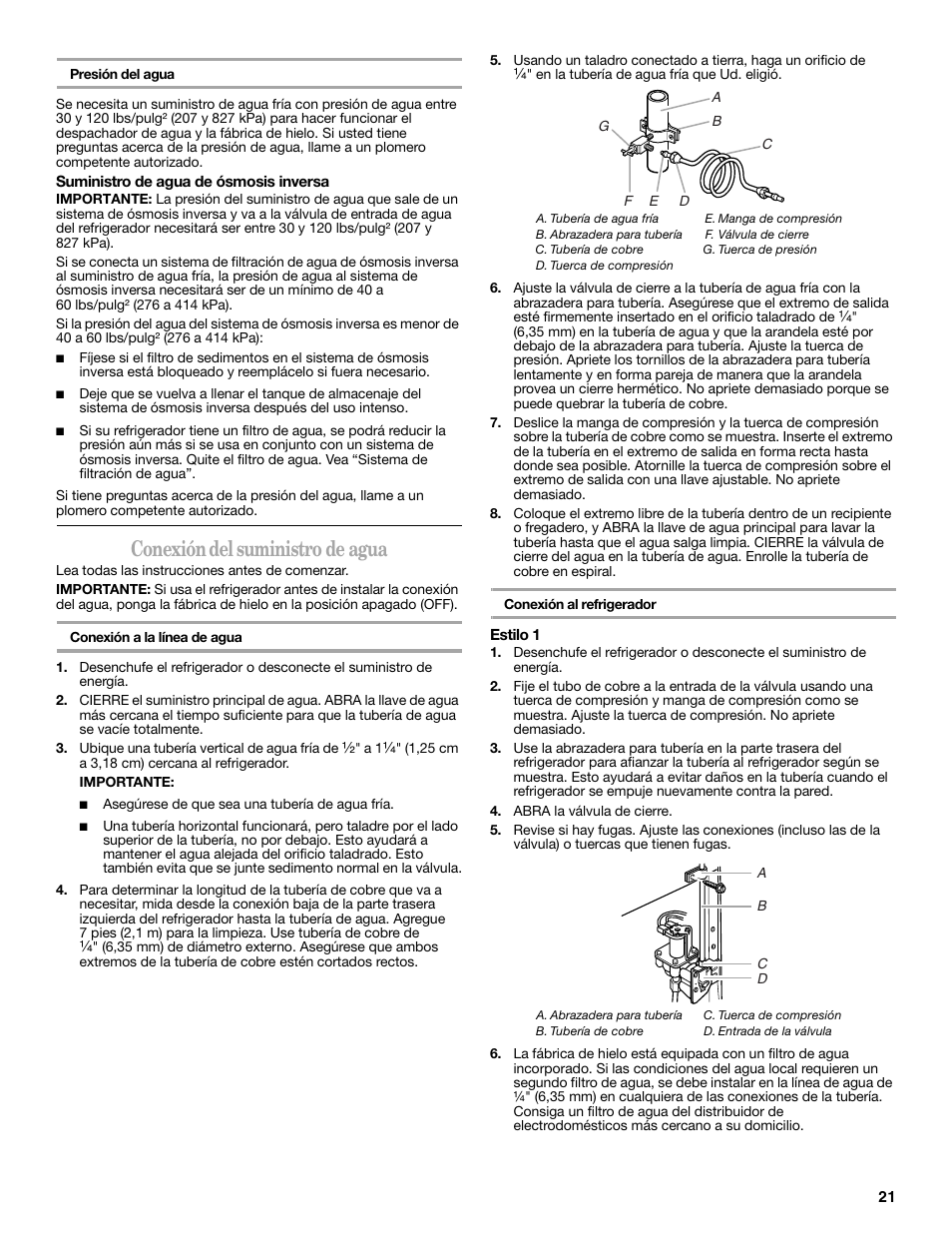 Conexión del suministro de agua | Whirlpool 2314473B User Manual | Page 21 / 52