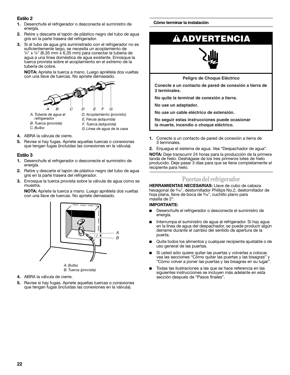 Advertencia, Puertas del refrigerador | Whirlpool 2314473B User Manual | Page 22 / 52