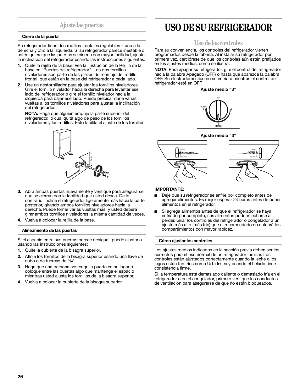 Uso de su refrigerador, Ajuste las puertas, Uso de los controles | Whirlpool 2314473B User Manual | Page 26 / 52