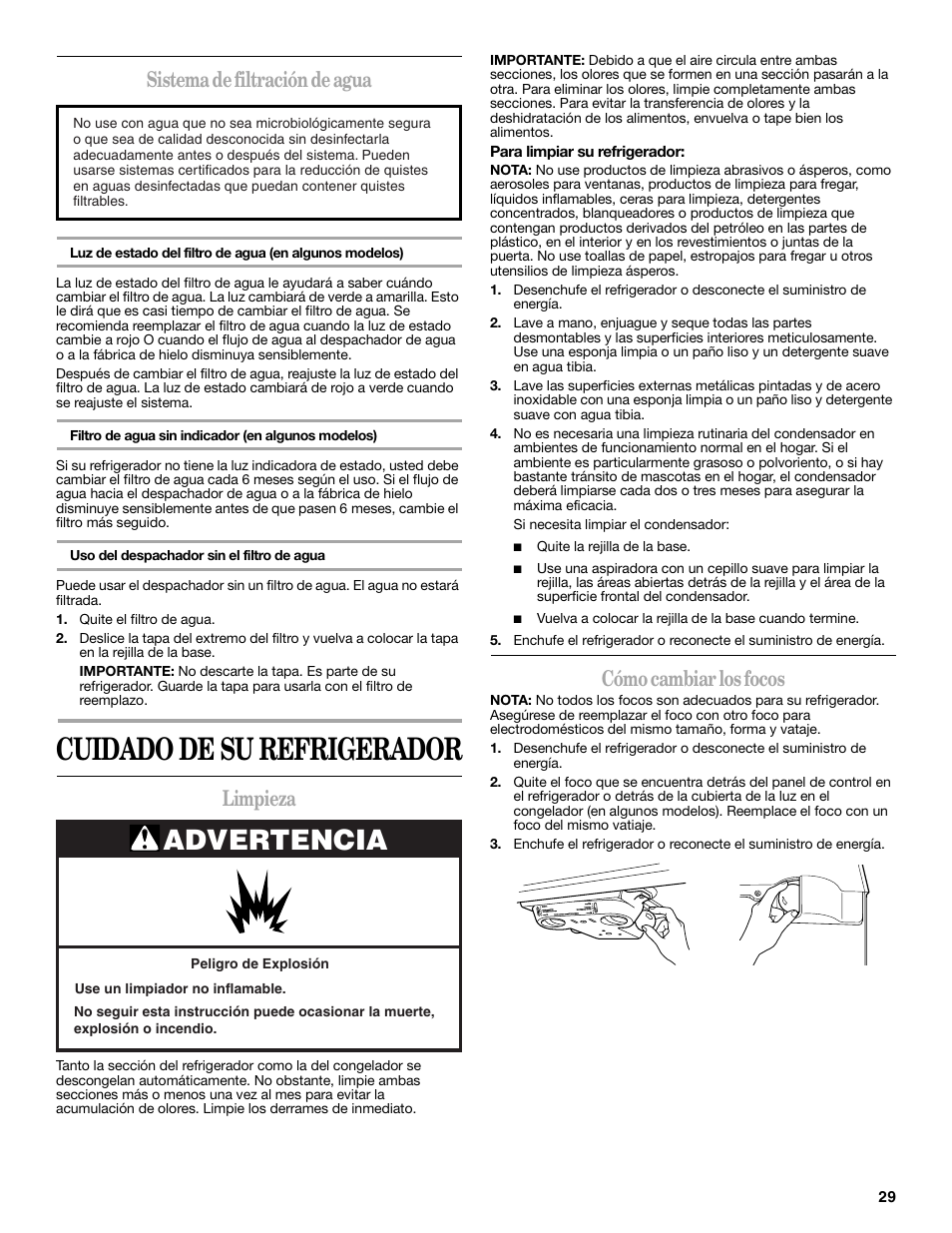 Cuidado de su refrigerador, Advertencia, Sistema de filtración de agua | Limpieza, Cómo cambiar los focos | Whirlpool 2314473B User Manual | Page 29 / 52