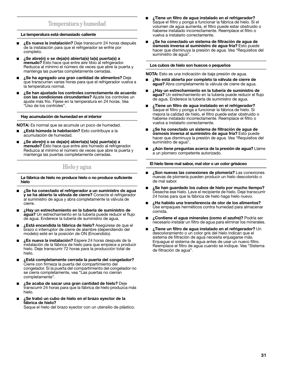 Temperatura y humedad, Hielo y agua | Whirlpool 2314473B User Manual | Page 31 / 52