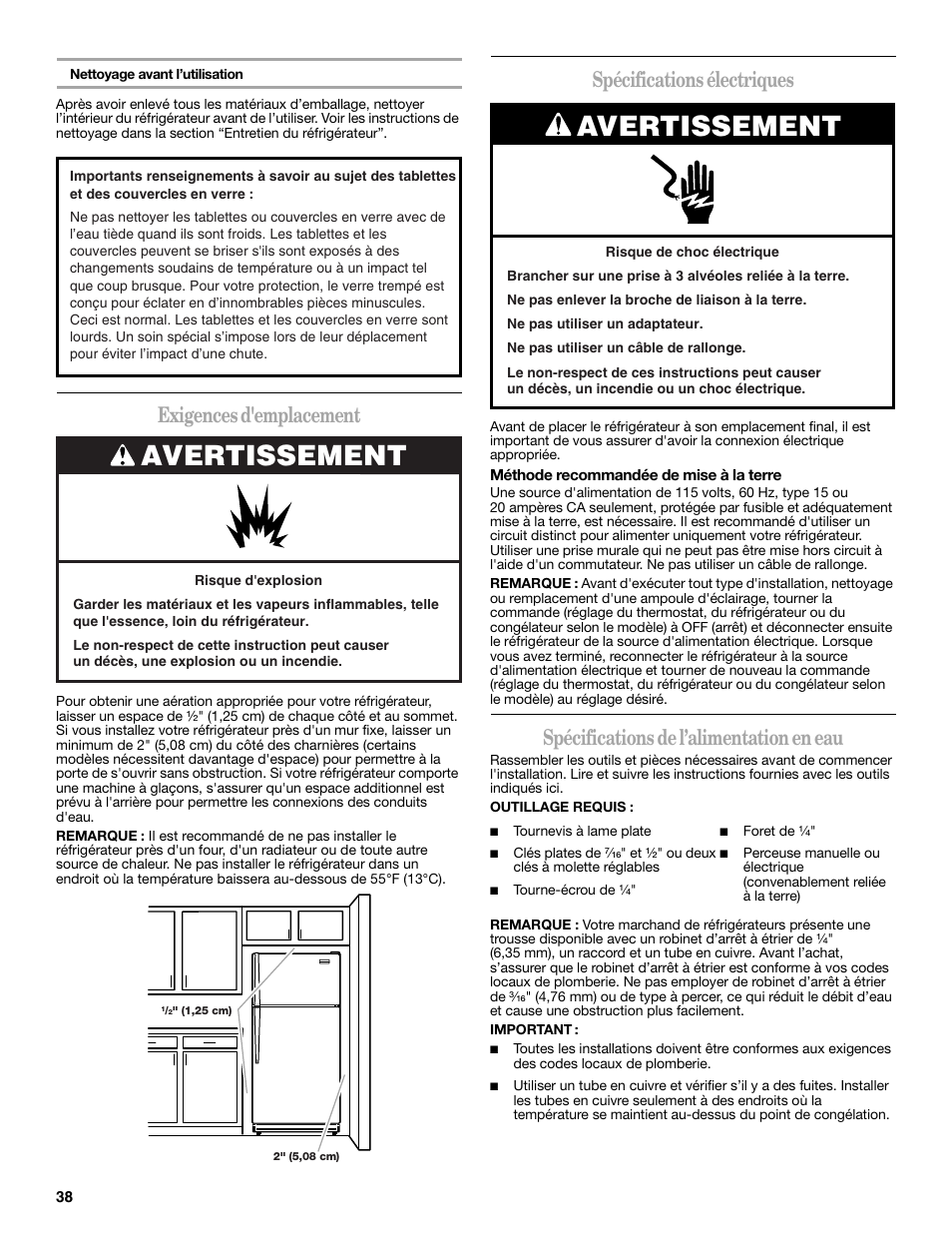 Avertissement, Exigences d'emplacement, Spécifications électriques | Spécifications de l’alimentation en eau | Whirlpool 2314473B User Manual | Page 38 / 52