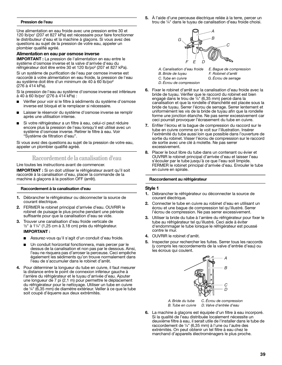 Raccordement de la canalisation d'eau | Whirlpool 2314473B User Manual | Page 39 / 52