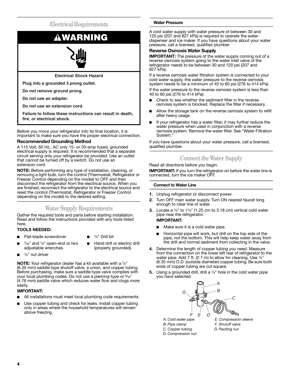 Warning, Electrical requirements, Water supply requirements | Connect the water supply | Whirlpool 2314473B User Manual | Page 4 / 52