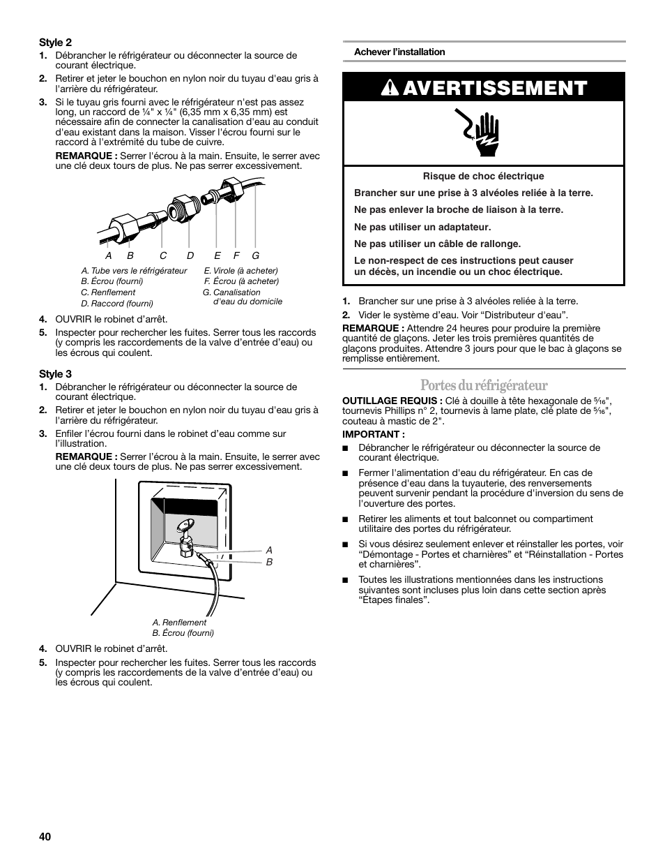 Avertissement, Portes du réfrigérateur | Whirlpool 2314473B User Manual | Page 40 / 52