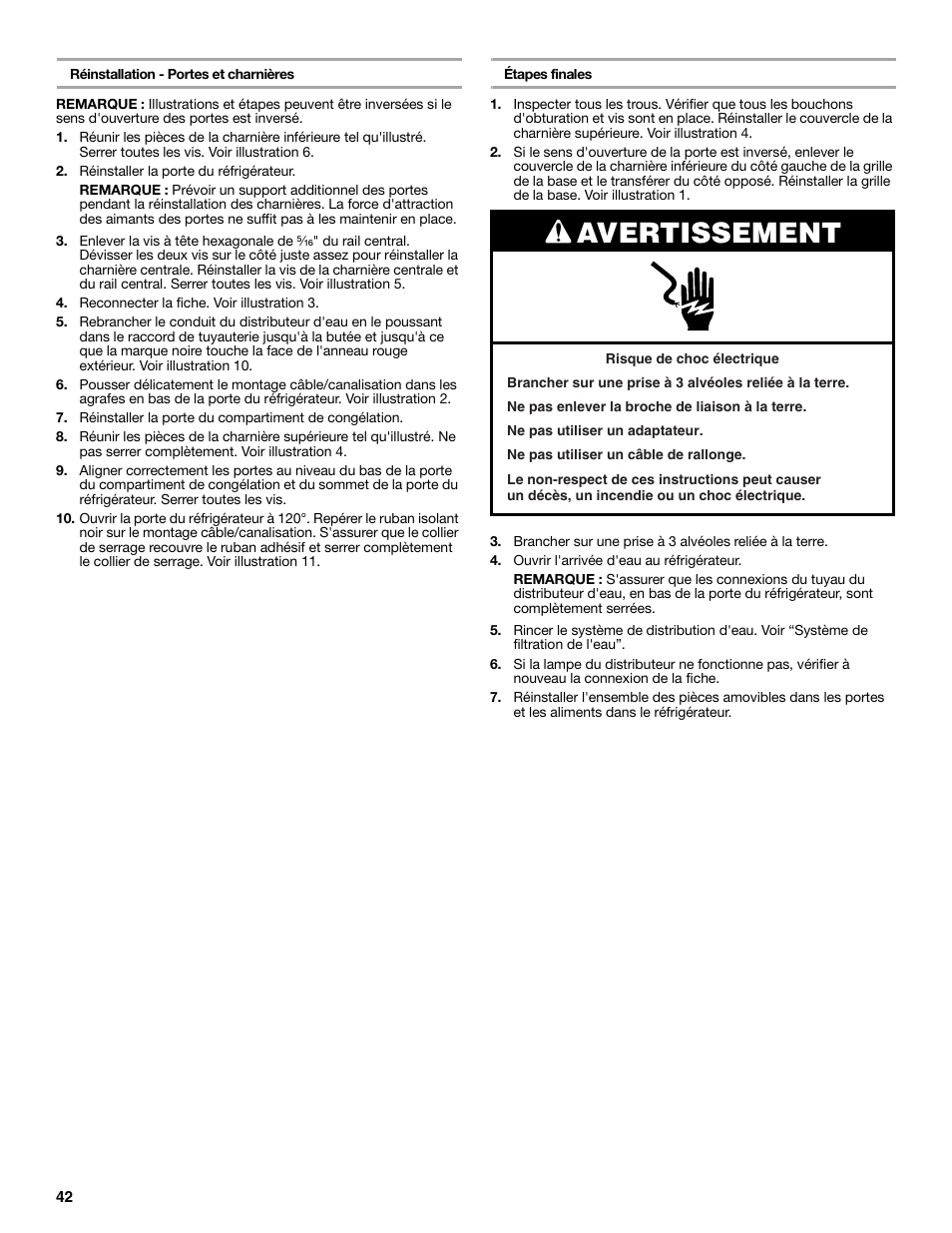 Avertissement | Whirlpool 2314473B User Manual | Page 42 / 52