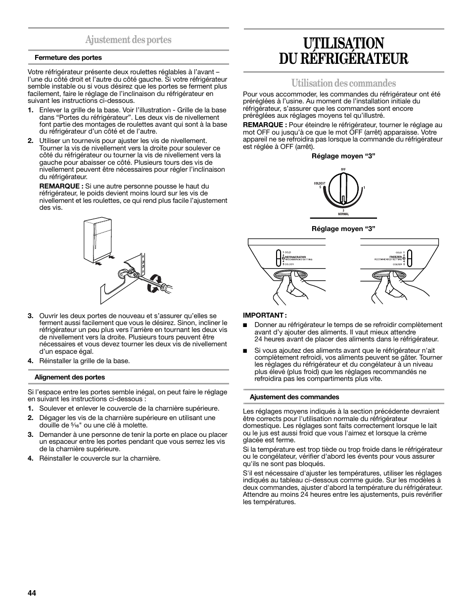 Utilisation du réfrigérateur, Ajustement des portes, Utilisation des commandes | Whirlpool 2314473B User Manual | Page 44 / 52