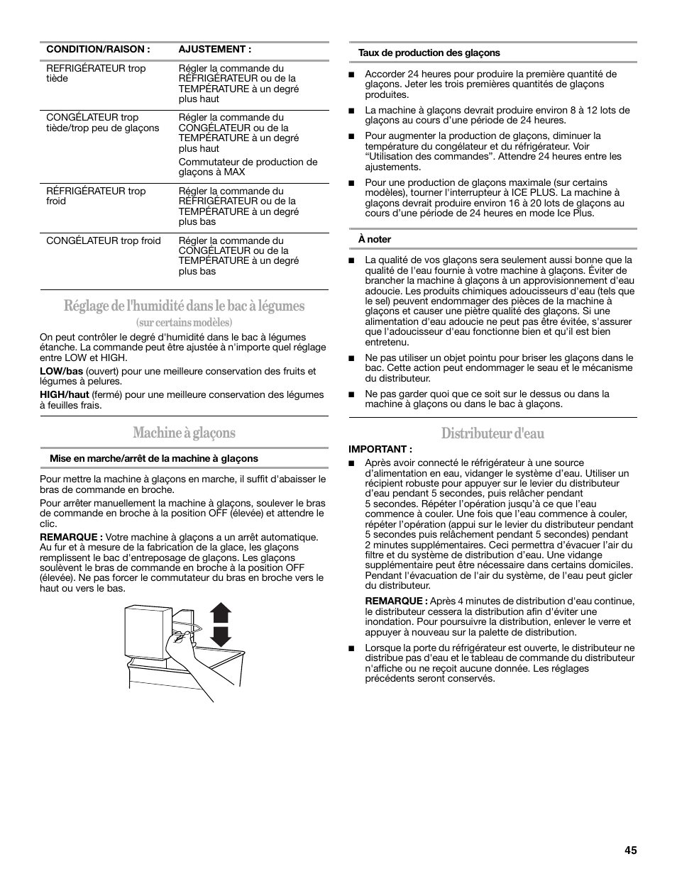 Réglage de l'humidité dans le bac à légumes, Machine à glaçons, Distributeur d'eau | Whirlpool 2314473B User Manual | Page 45 / 52