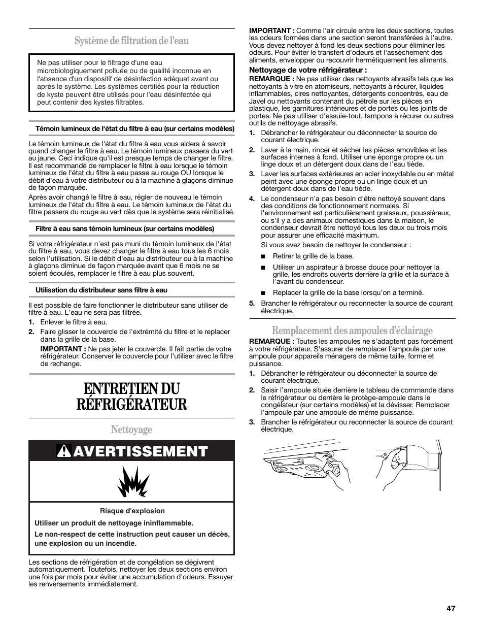 Entretien du réfrigérateur, Avertissement, Système de filtration de l'eau | Nettoyage, Remplacement des ampoules d’éclairage | Whirlpool 2314473B User Manual | Page 47 / 52