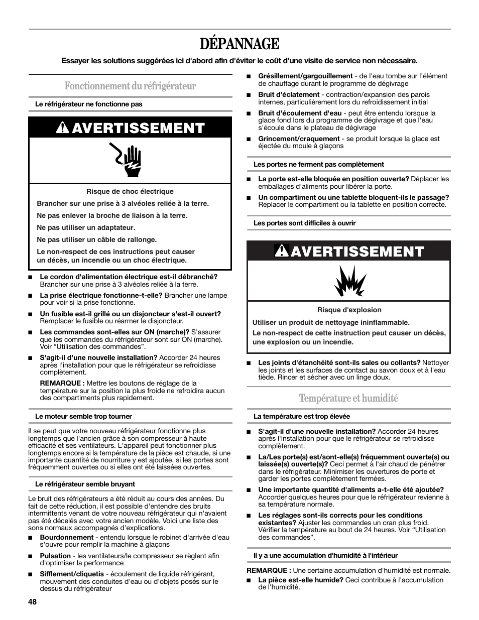 Dépannage, Avertissement, Fonctionnement du réfrigérateur | Température et humidité | Whirlpool 2314473B User Manual | Page 48 / 52