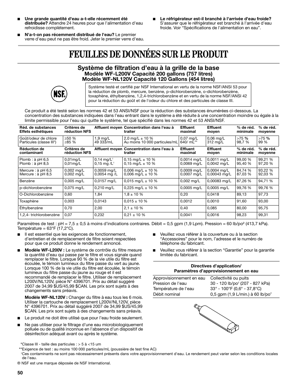 Feuilles de données sur le produit, Système de filtration d’eau à la grille de la base | Whirlpool 2314473B User Manual | Page 50 / 52