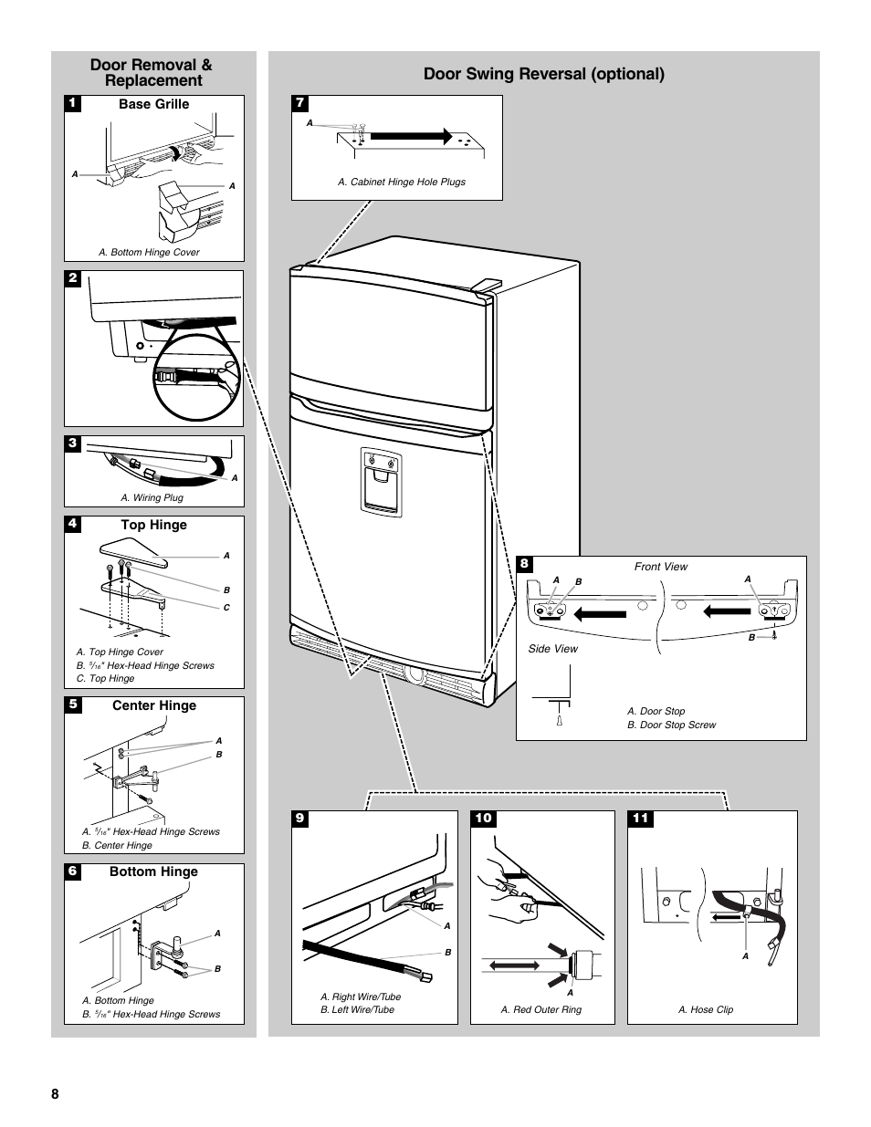 Door swing reversal (optional), Door removal & replacement | Whirlpool 2314473B User Manual | Page 8 / 52