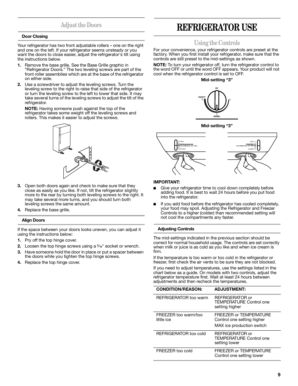 Refrigerator use, Adjust the doors, Using the controls | Whirlpool 2314473B User Manual | Page 9 / 52