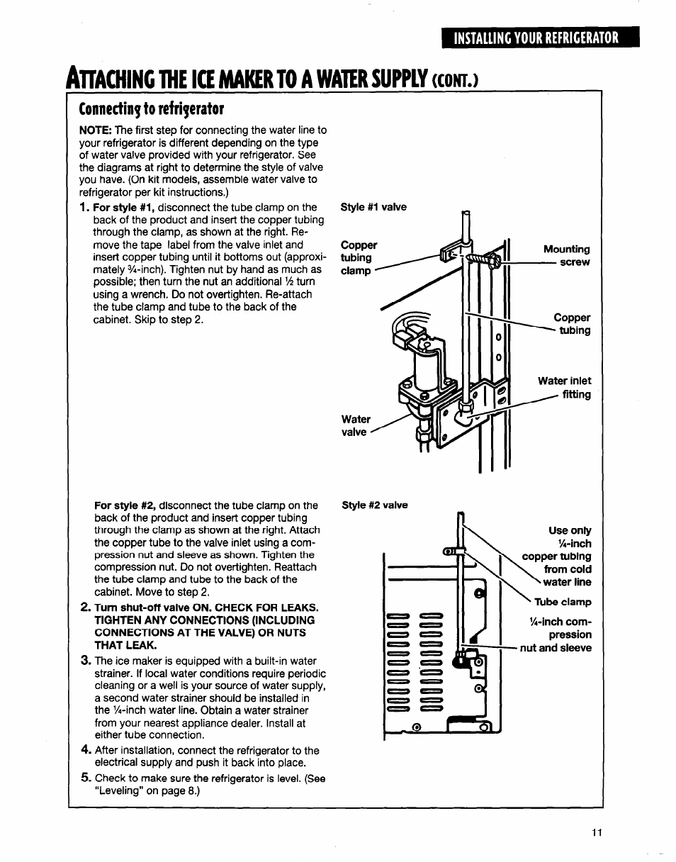 Attaching the ice maker to a water supply (cont.), Connecting to refrigerator, Style #1 valve | Clamp, Mounting screw, Water iniet fitting, Style #2 valve, Ttaching, Maker, Water | Whirlpool ED20TWXDN02 User Manual | Page 11 / 38