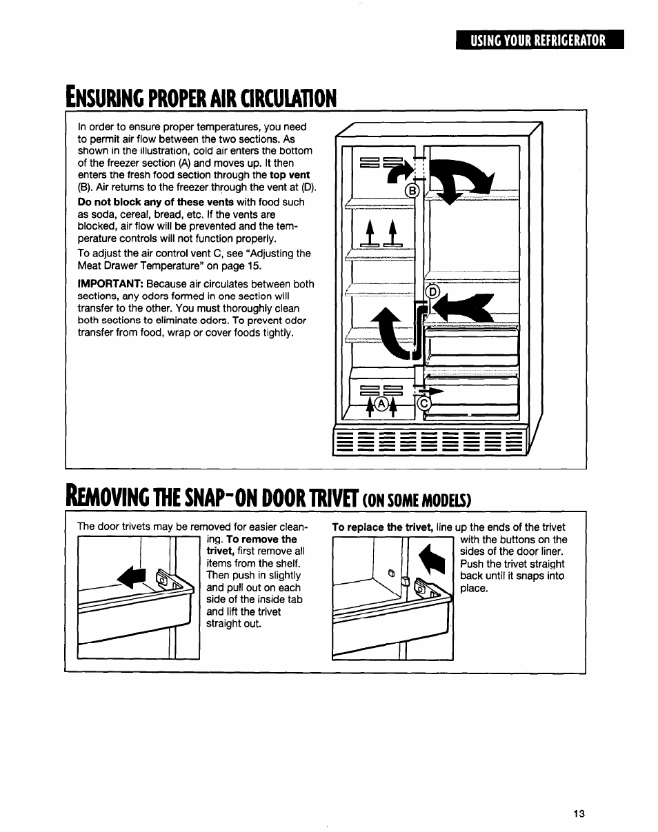 Ensuring proper air orcuiation, Removing the snap-on door trivet (on some modeis) | Whirlpool ED20TWXDN02 User Manual | Page 13 / 38