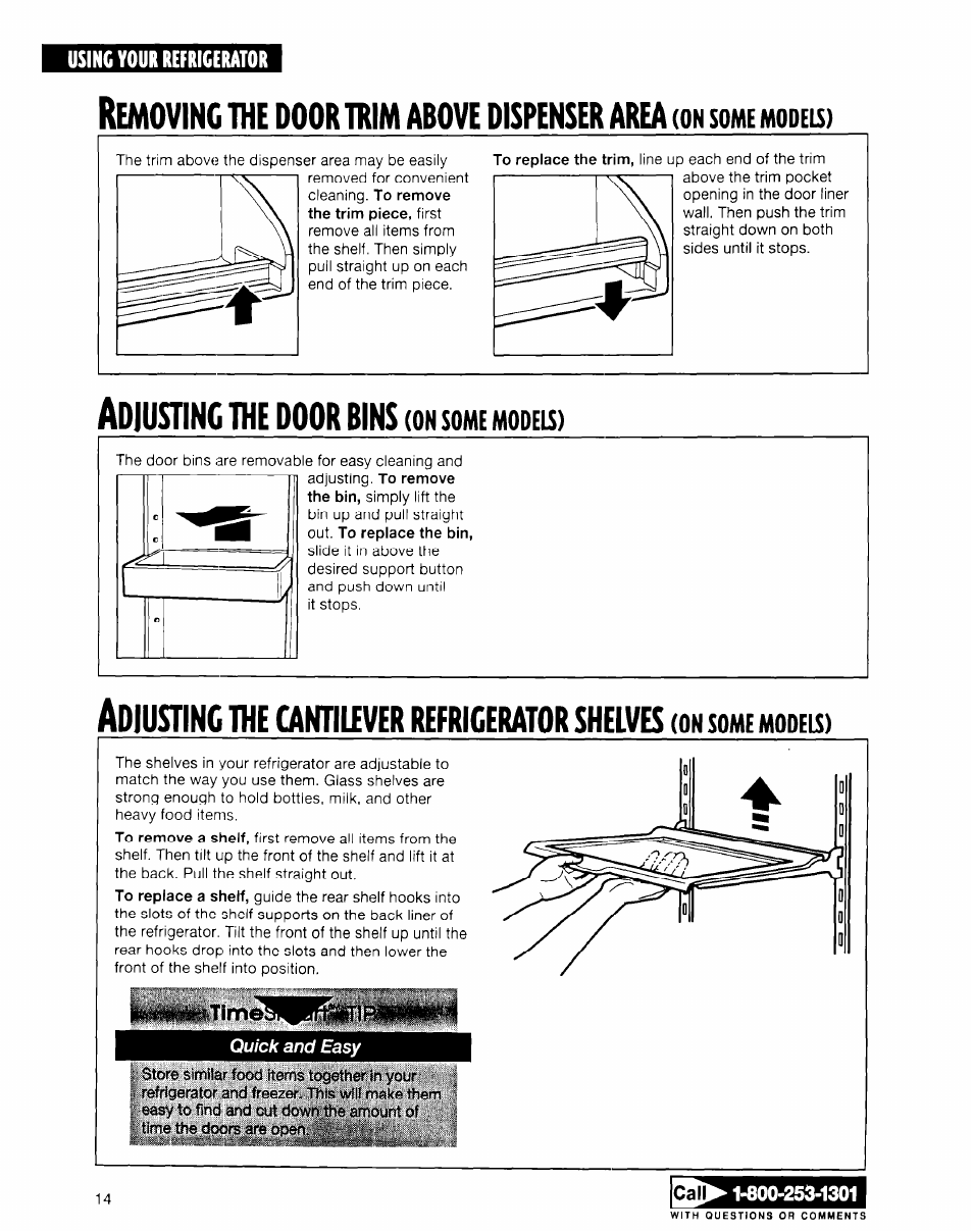 Adjusting ine door bins (on some models) | Whirlpool ED20TWXDN02 User Manual | Page 14 / 38