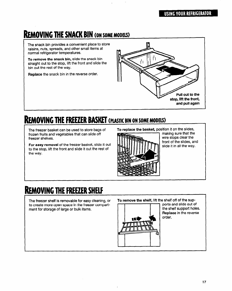 Removing the snack bin (on somimodeis), Removing the freezer shelf, Pusnc | J fnr, Prilli, The freezer shelf | Whirlpool ED20TWXDN02 User Manual | Page 17 / 38